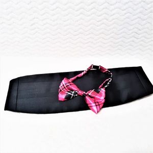 Pink Plaid Bow Tie & Black Cummerbund-NIP